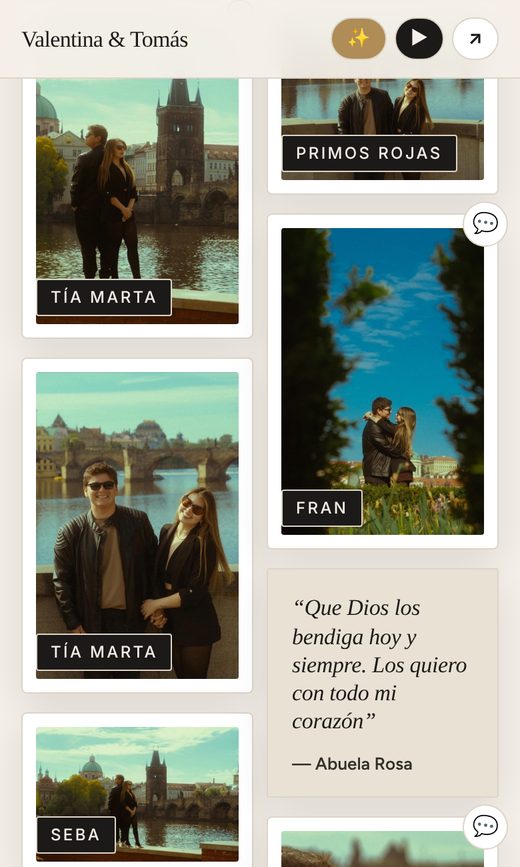 Muro de fotos con el nombre de cada invitado y sus saludos
